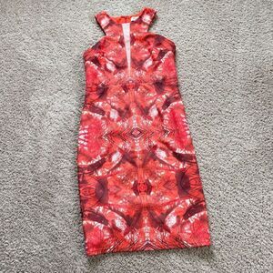 Lumier by Bariano Midi Dress Womens Large Orange Scuba Mesh Halter Front